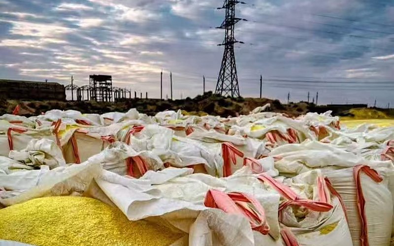 Sulphur stockpile with high-voltage pylons